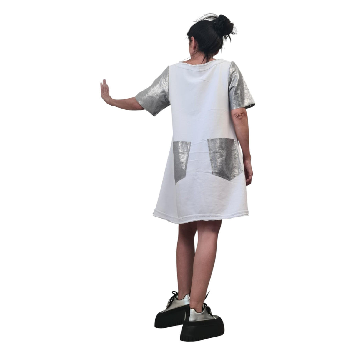 White Cotton Tunic Dress, Metallic Sleeves, Loose Fit, Plus Size Dress