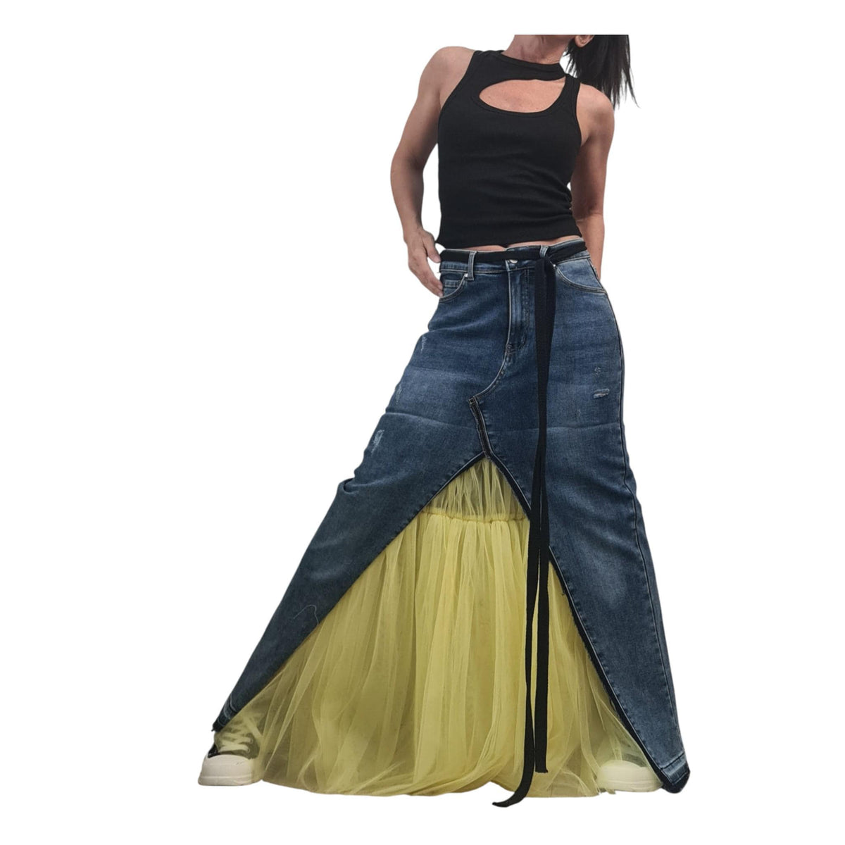 Denim Tulle Maxi Skirt, Asymmetric Plus Sizw Skirt, Deconstructed Womens Clothing