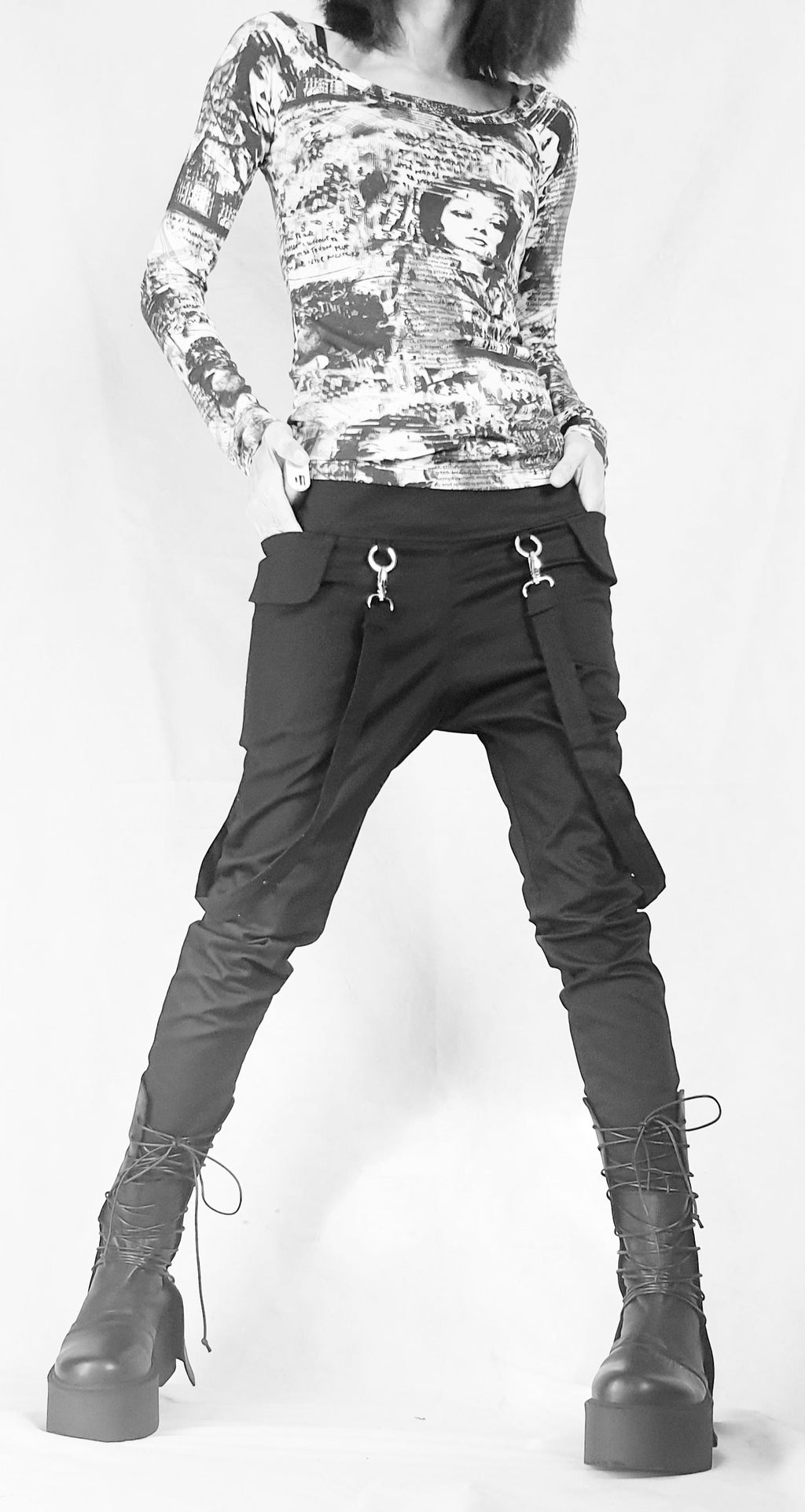 Black Slim Leg Pants, Side Pockets, Decorative Suspenders