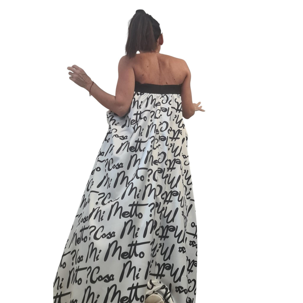 Extravagant Script Print Skirt Dress, Avant Garde Cotton Satin Tulle Maxi, Black White Transformable Gown with Drawstrings