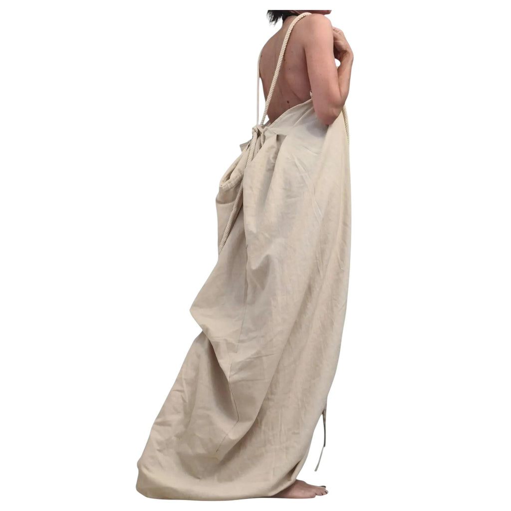 Royal Blue Linen Backless Dress with Adjustable Ties, Asymmetric Summer Maxi Tunic