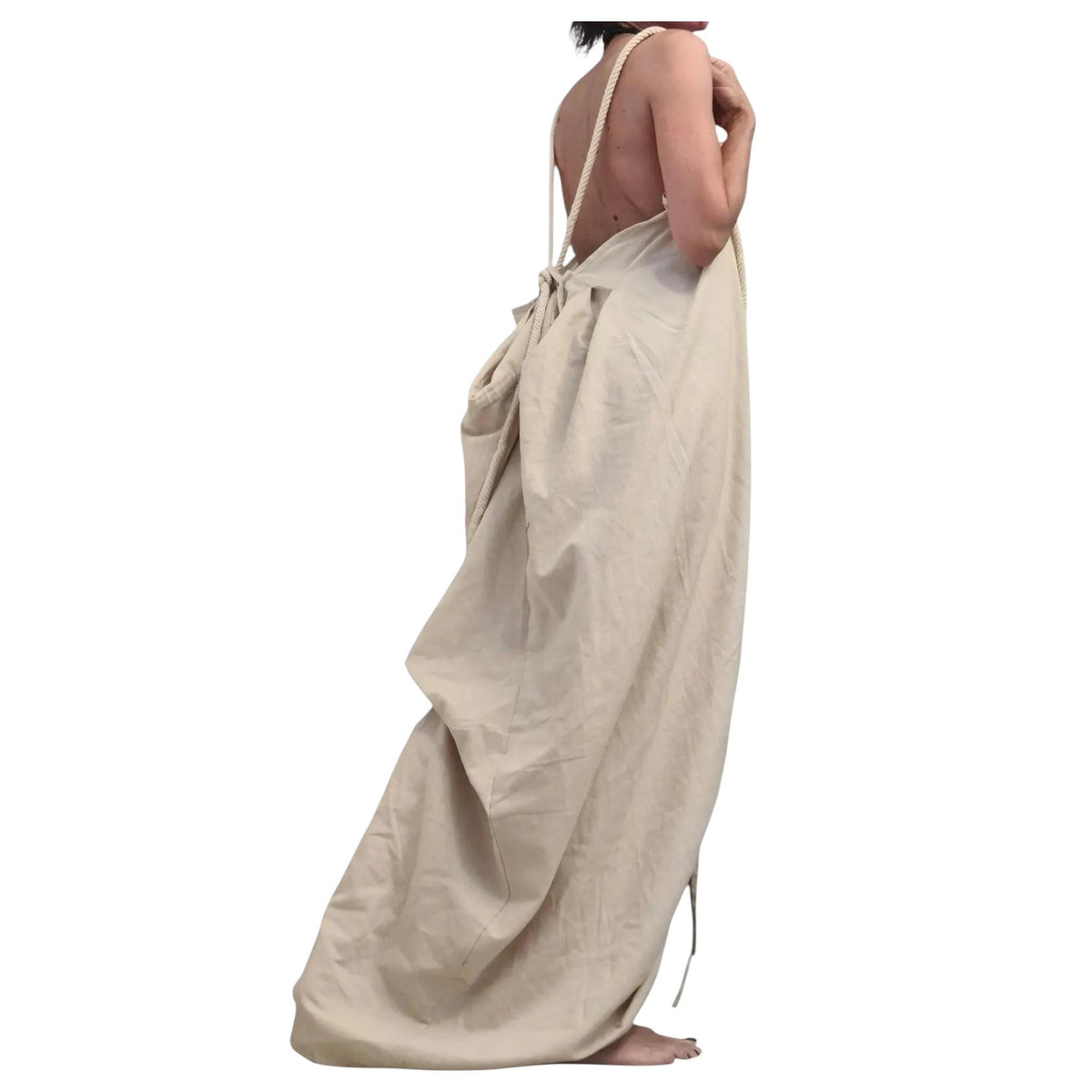 Royal Blue Linen Backless Dress with Adjustable Ties, Asymmetric Summer Maxi Tunic