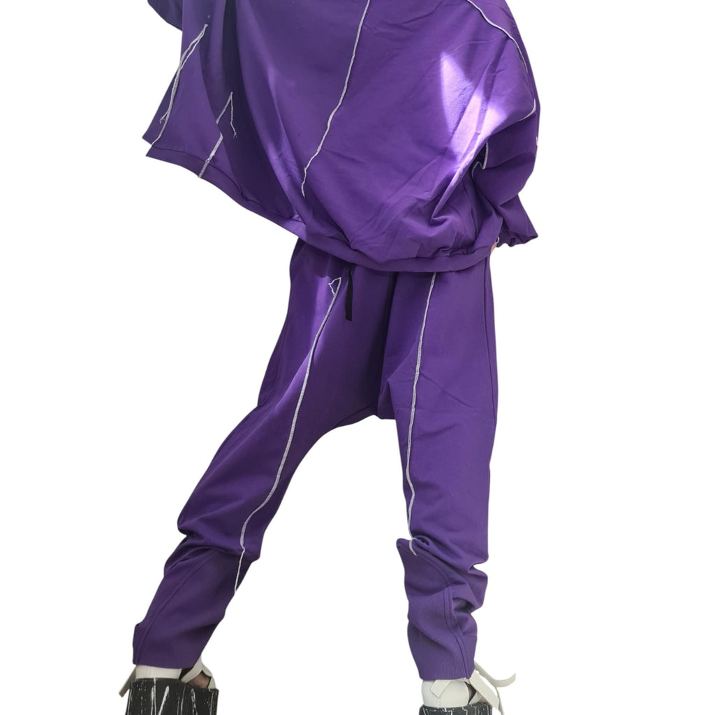 Purple Cotton Co-Ord Set, Harem Pants, Asymmetrical Blouse, Raw Edges, Contrast Seams