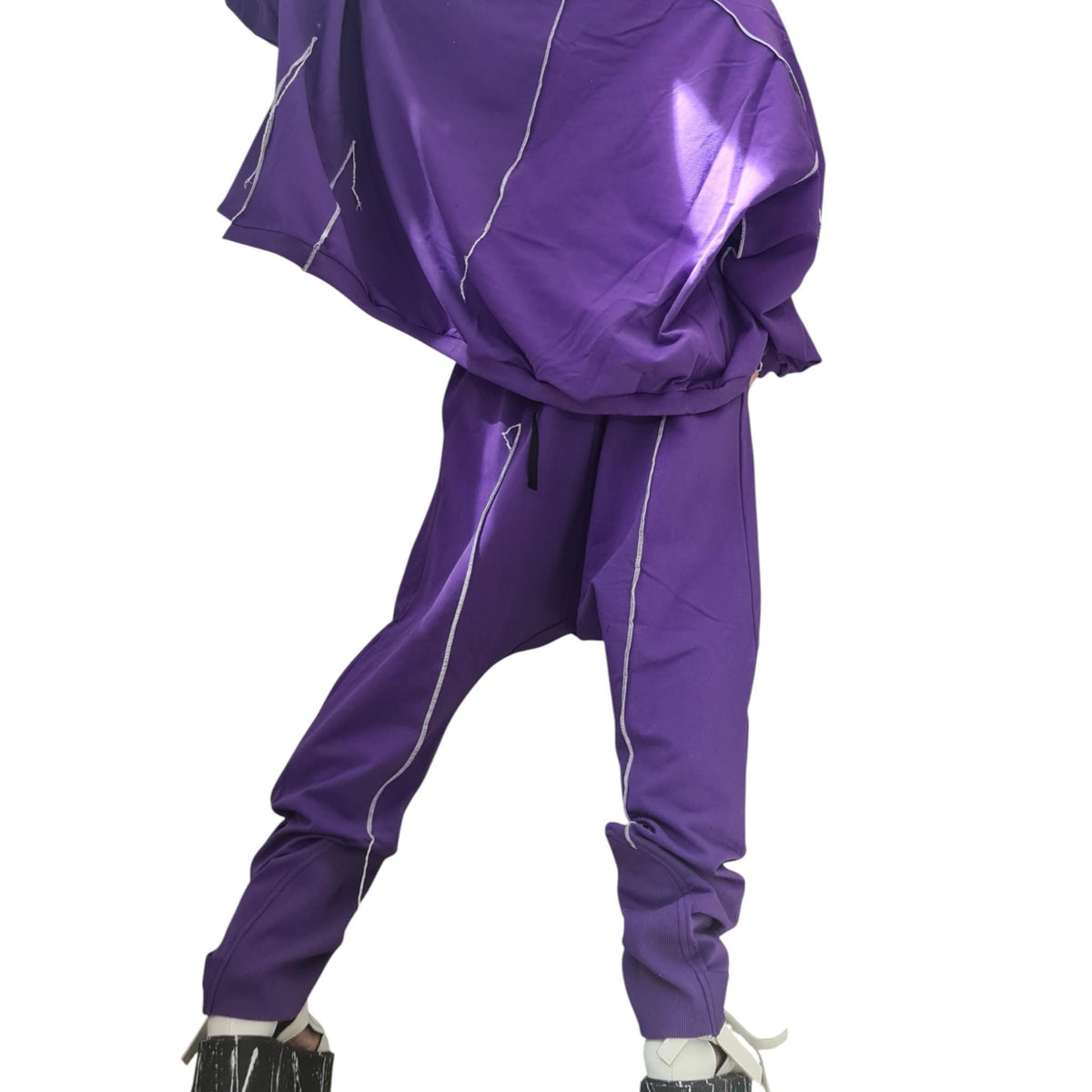 Purple Cotton Co-Ord Set, Harem Pants, Asymmetrical Blouse, Raw Edges, Contrast Seams