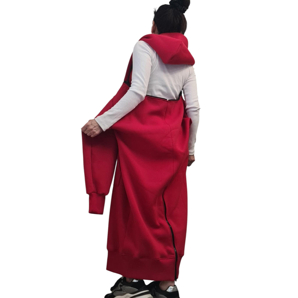 Red Convertible Cotton Maxi Hoodie Dress, Detachable Puff Sleeves, Full Zip Front, Plus Size