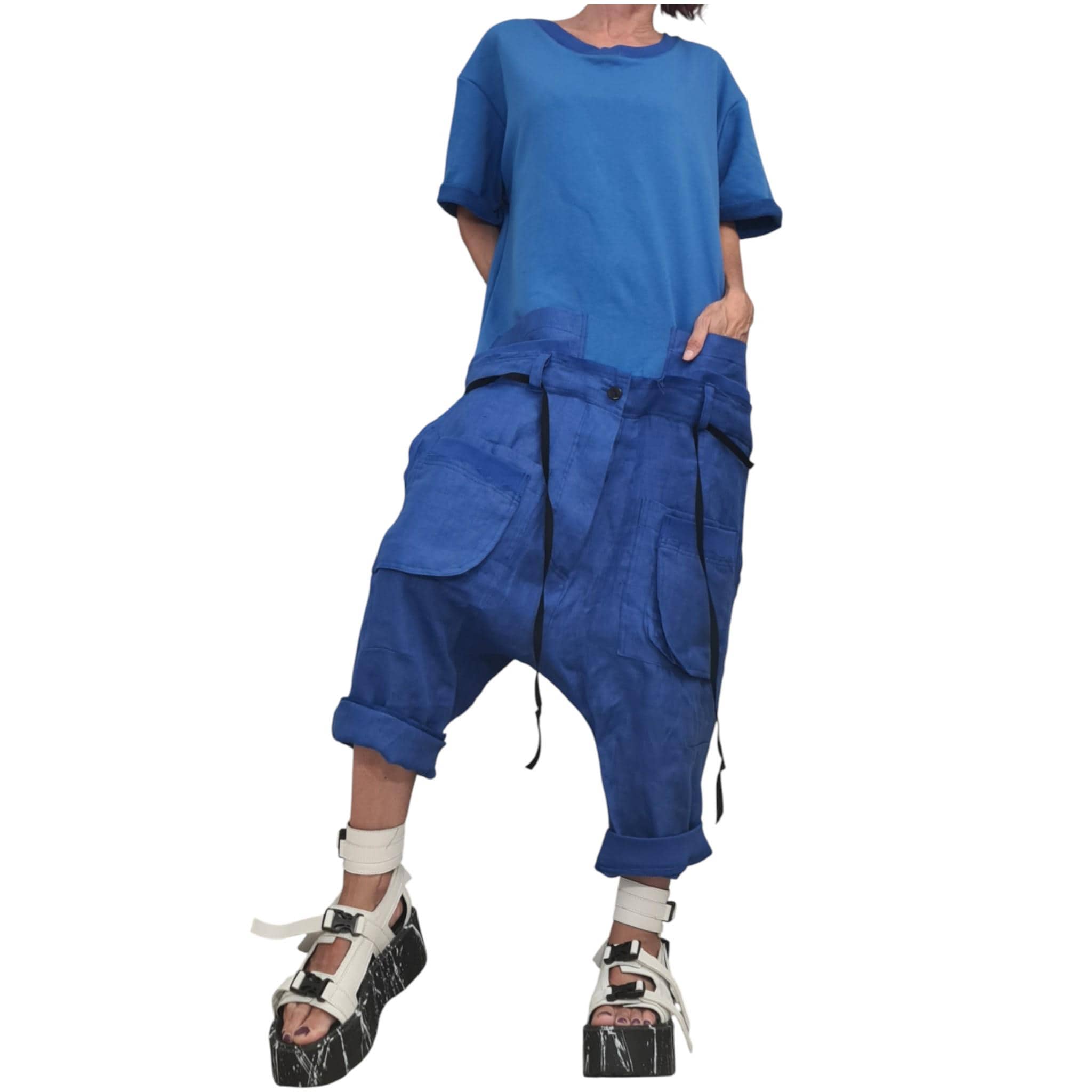 Blue Linen Harem Jumpsuit, Asymmetric Loose Overall, Wide Leg Drop Crotch Summer Romper