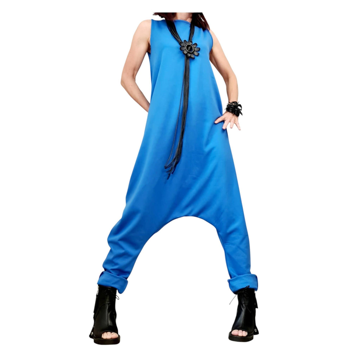 Blue Cotton Harem Jumpsuit, Wrap Jumpsuit, Plus Size