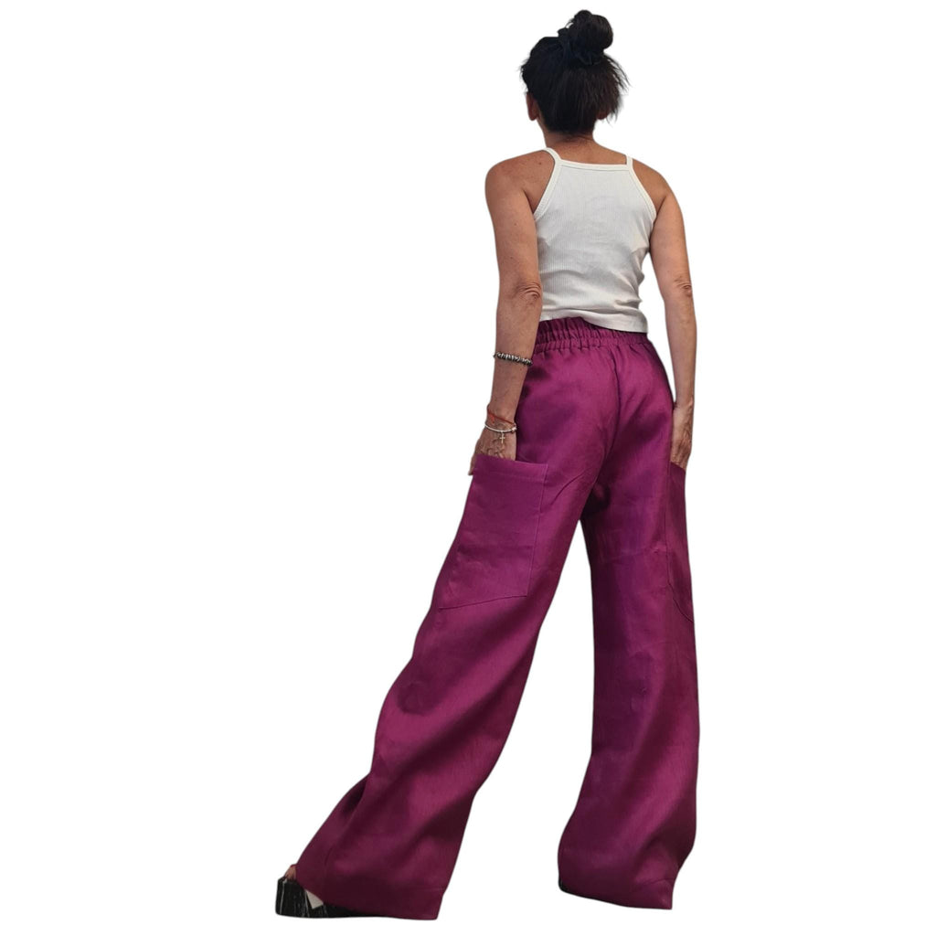 Magenta Linen Set, Asymmetrical Shirt, Trousers Wide Legs, Two Piece Boho Summer Clothing