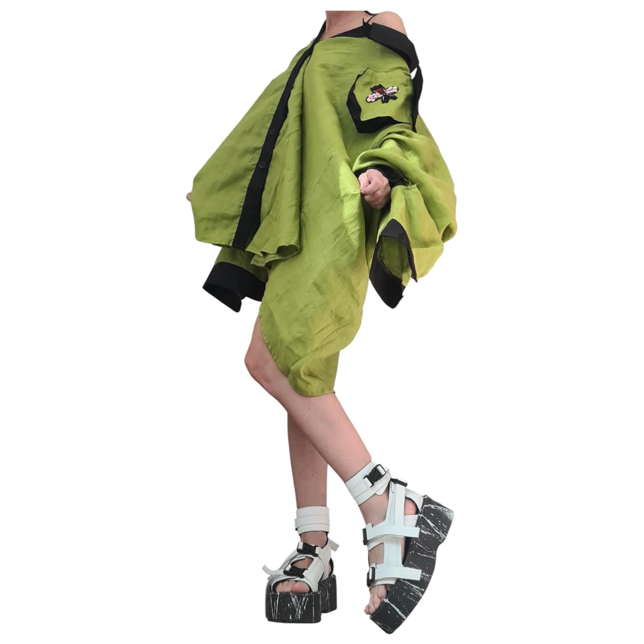 Pistachio Linen Asymmetric Tunic, Oversized Avant Garde Top, Open Back Collar Shirt, Cargo Pocket