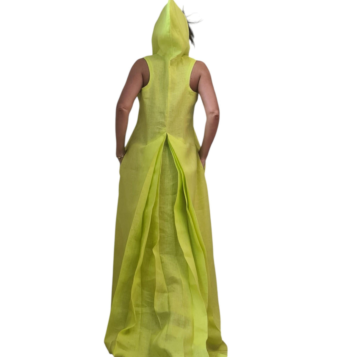 Lime Linen Hooded Maxi Dress with Pockets: Relaxed Summer Maxi, Boho Style