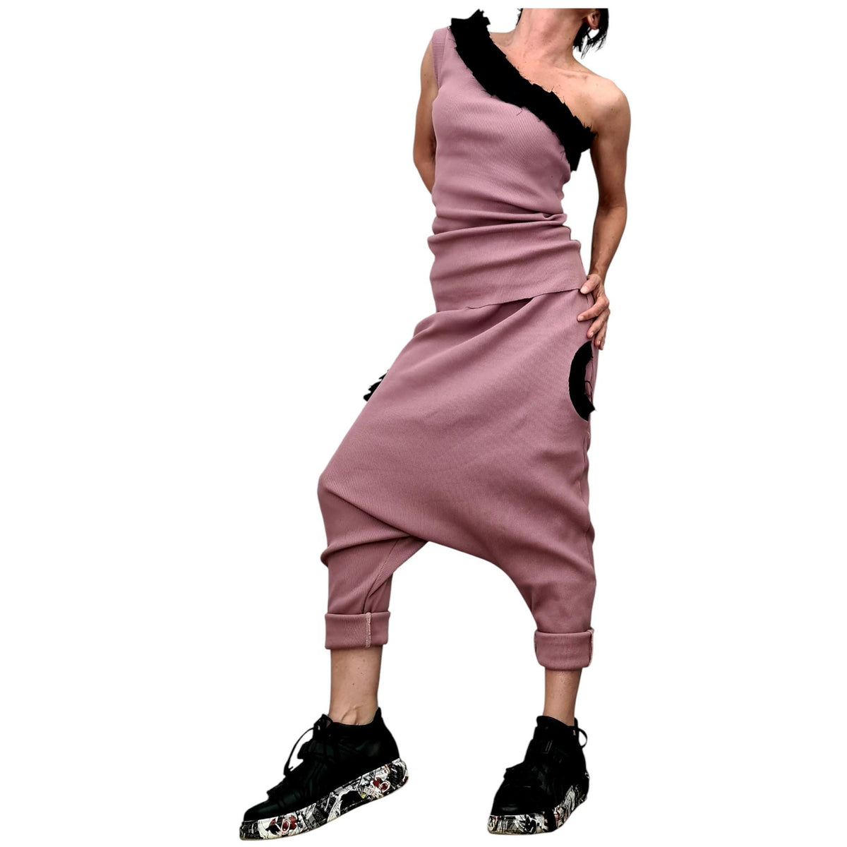 Dusty Rose Cotton Drop Crotch Harem Pants, One-Shoulder Ribbed Top, Black Trim, Co-Ord Set