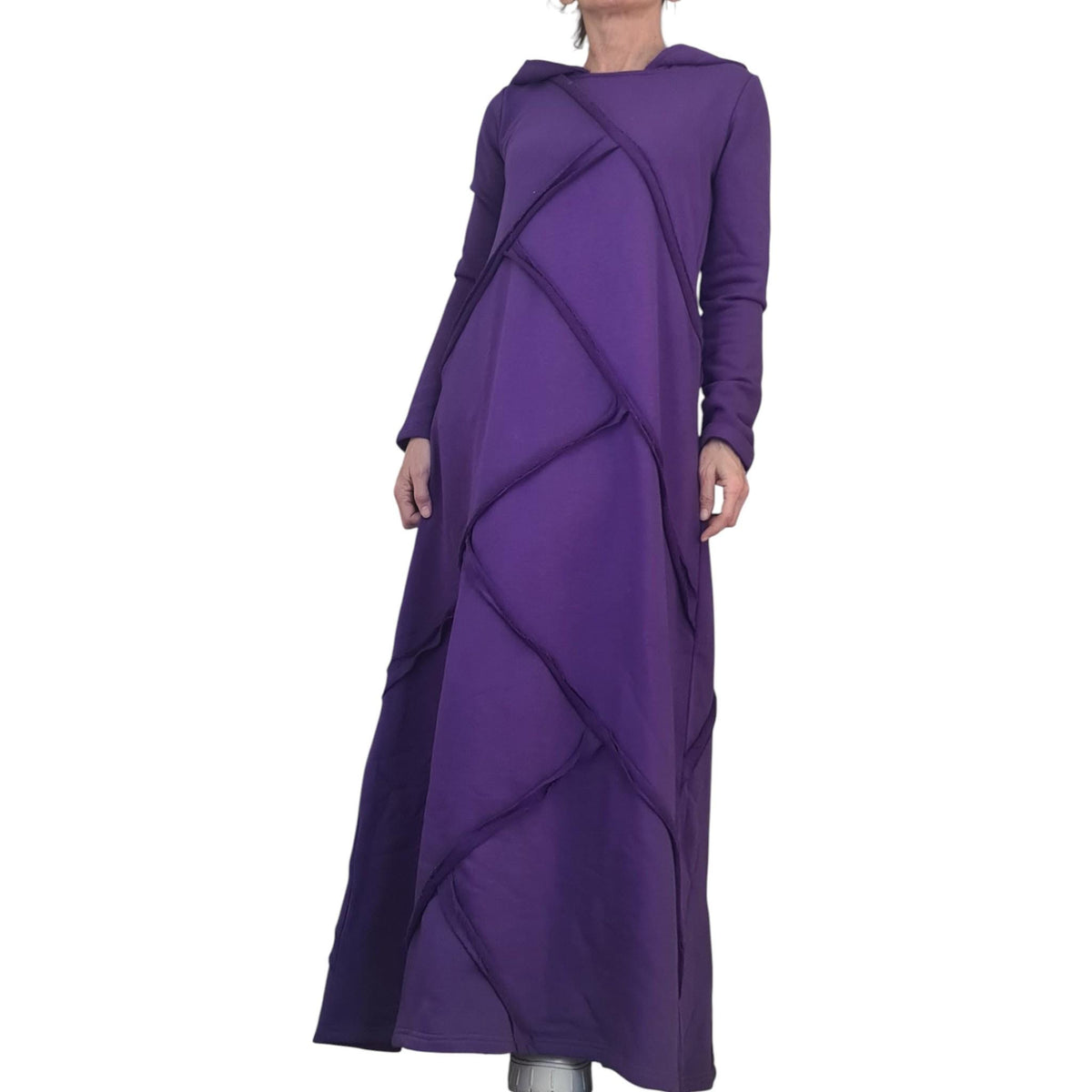 Dark Purple Hooded Maxi Dress Long Sleeve Avant Garde Handmade Womens Clothing