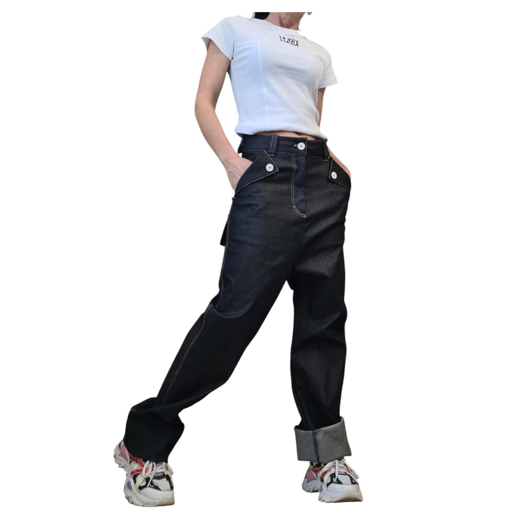 Dark Blue High-Waist Straight-Leg Denim Pants, Avant-Garde Streetwear Trousers