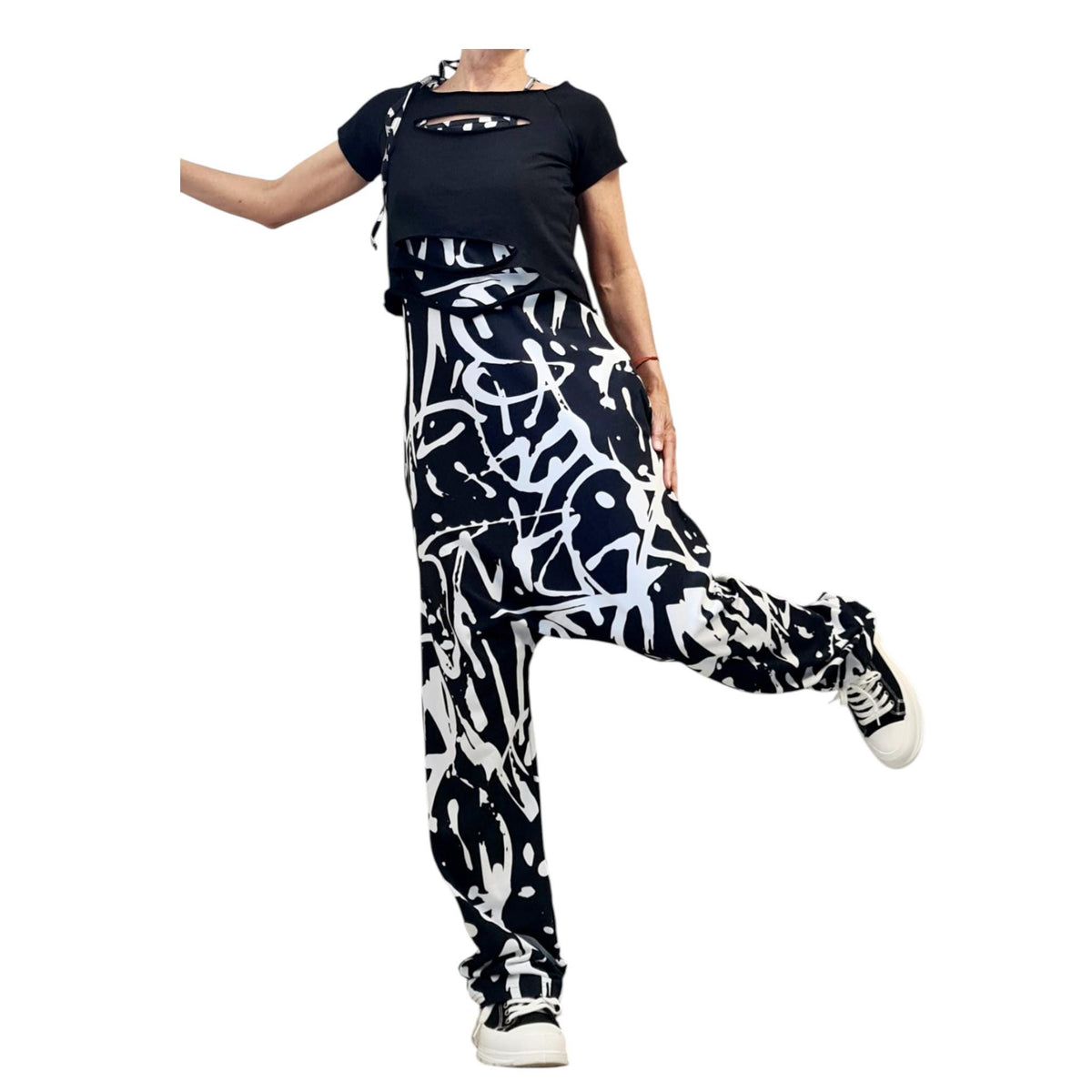 Black White Graffiti Harem Jumpsuit, Loose Drop Crotch Cotton Comfort