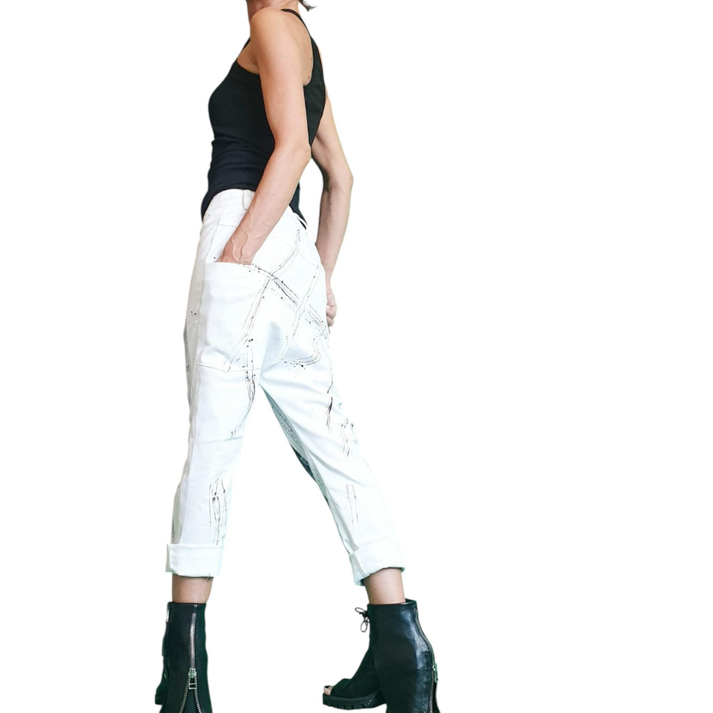 Extravagant White Drop Crotch Pants, Loose Cotton Trousers, Asymmetric Fit