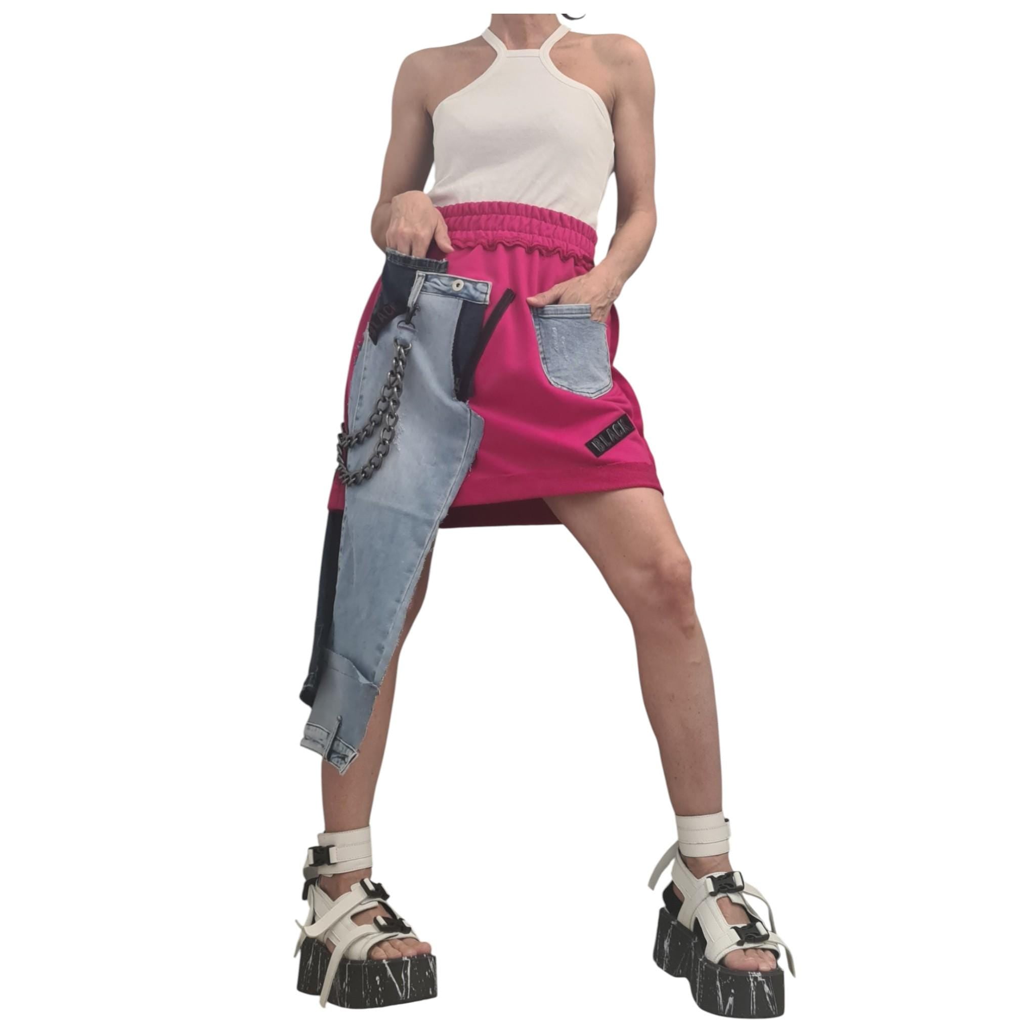 New collection Extravagant Short Skirt, Cotton Denim Skirt, Deconstructed Avant Garde Skirt Outside Seam