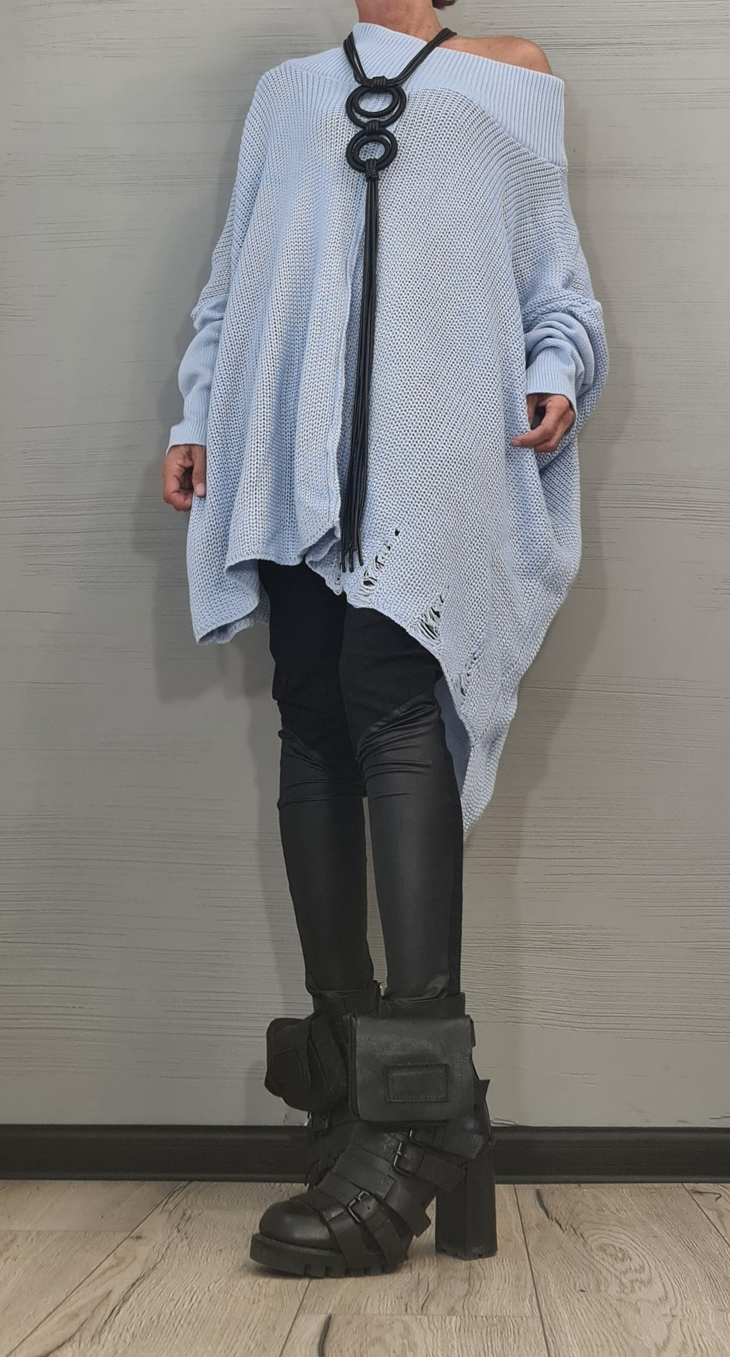 Baby Blue Asymmetrical Knitted Tunic, Oversized Long Sleeve Sweater, Plus Size Top