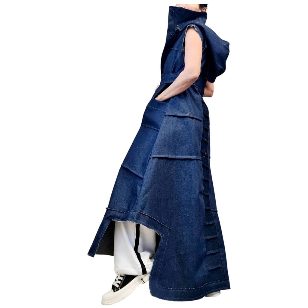 Denim Hooded Vest, Extravagant Asymmetric Trench Coat, Avant Garde Sleeveless Jacket