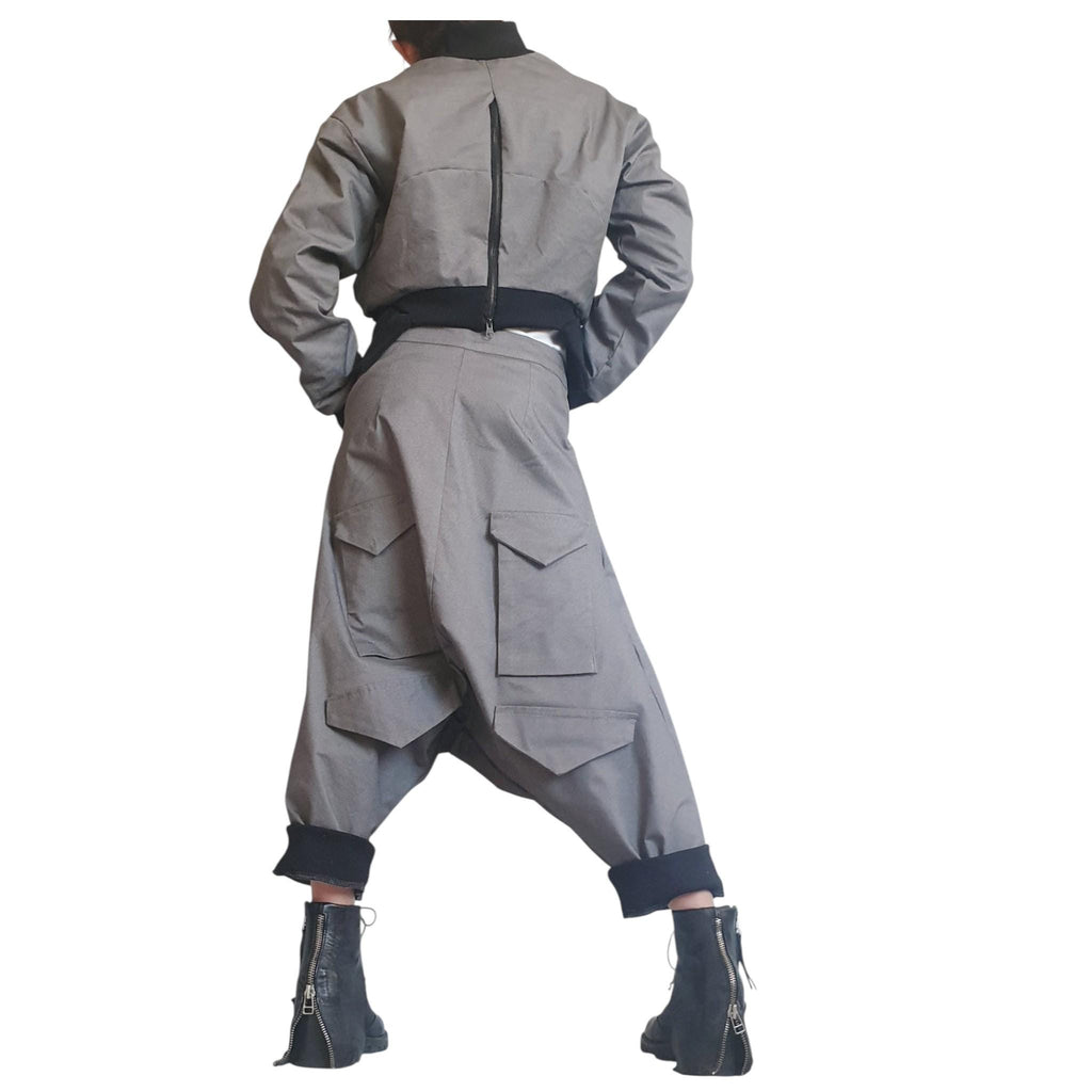 Grey Cropped Winter Bomber Jacket, Off Shoulder Neckline, Back Zip Opening