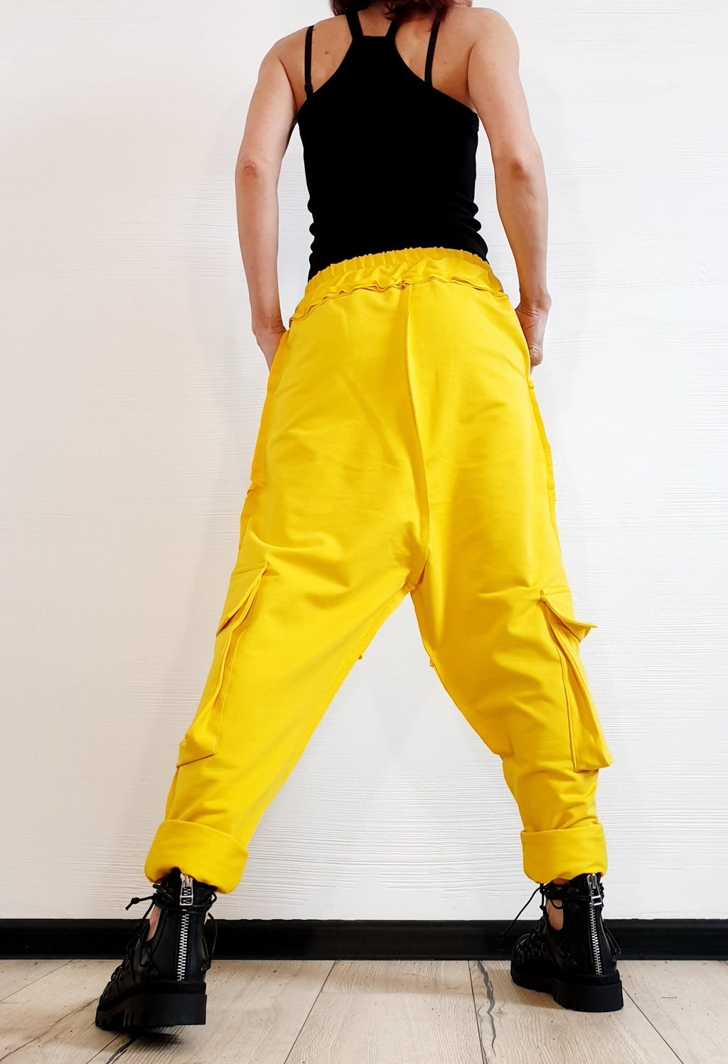 Yellow French Terry Harem Pants, Women's Baggy Trousers, Boho Festival Style