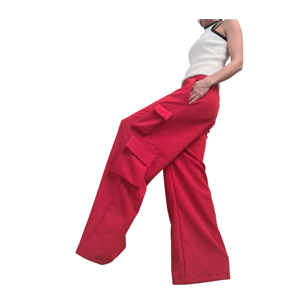 Red Cargo Trousers, Wide Leg, High Waist, Designer Bottoms