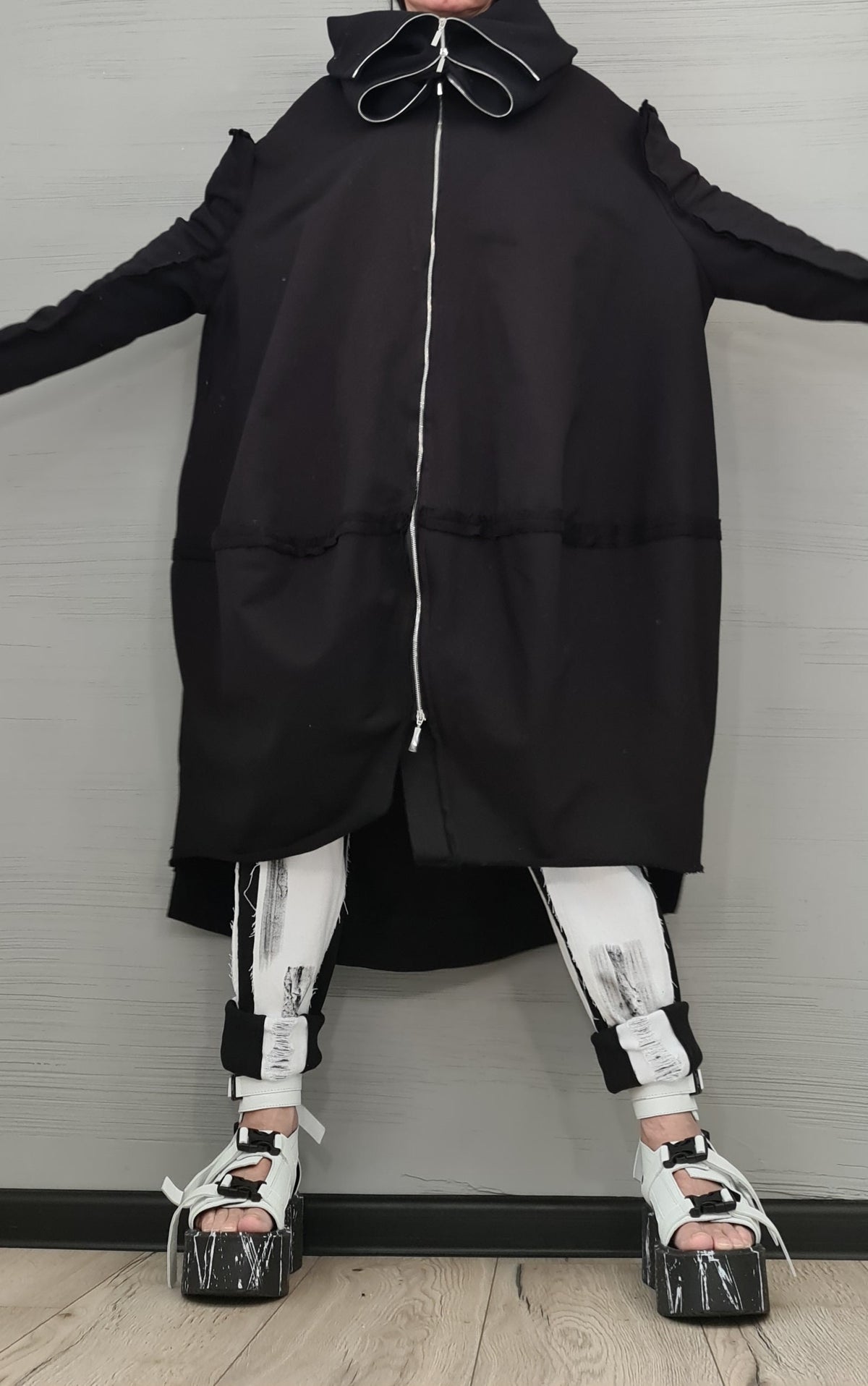 Black Cotton Maxi Sweatshirt, Oversized Jacket with Asymmetrical Zip, High Collar, Plus Size
