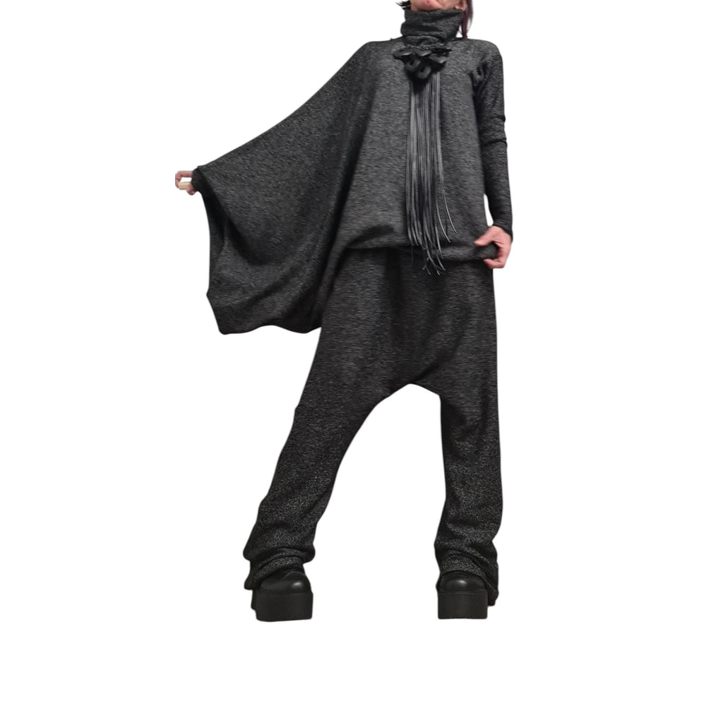 Black Knit Drop Crotch Harem Pants, Oversized Asymmetrical Blouse, Two-Piece Co-Ord Set, Plus Size