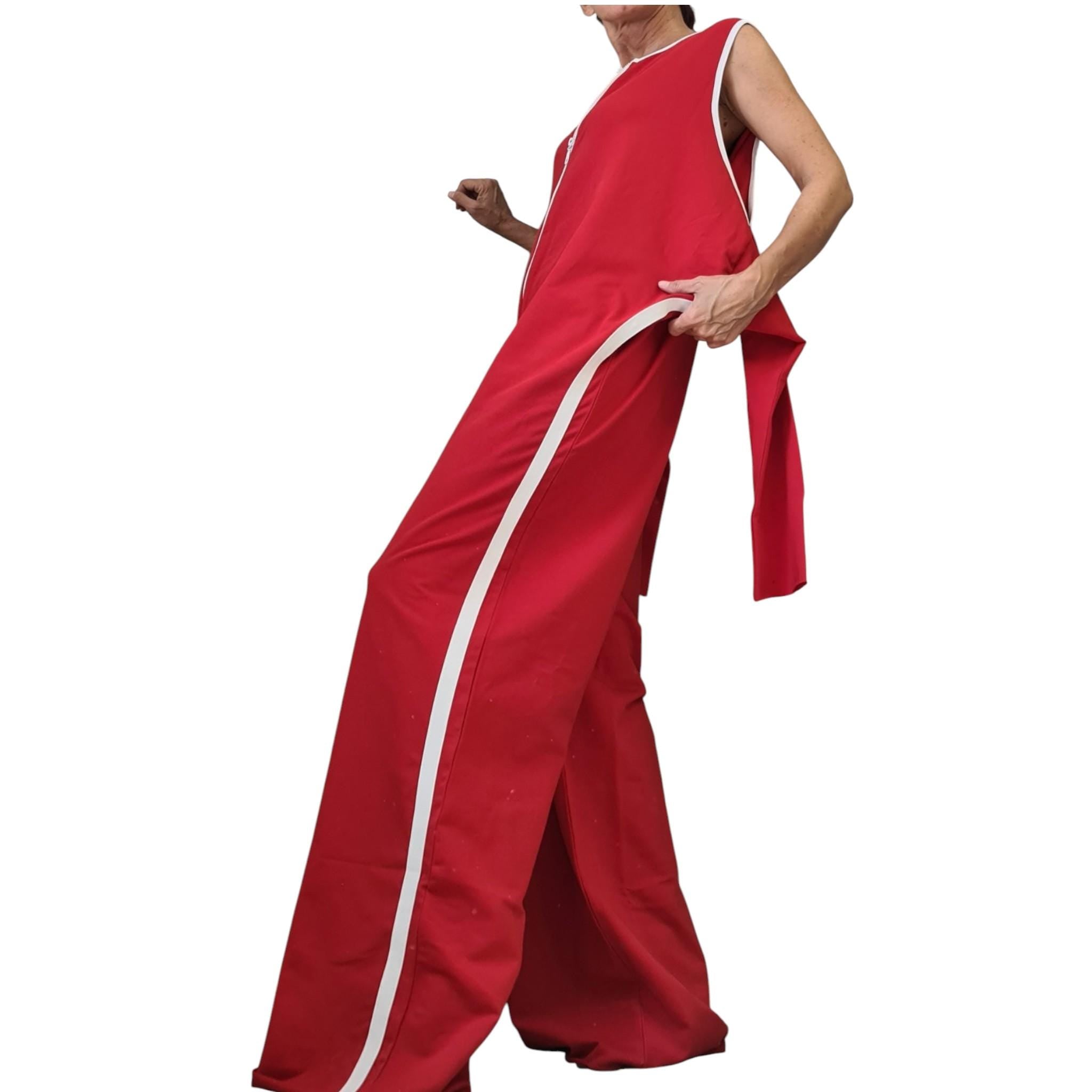 Red Cotton Harem Jumpsuit, Wide Leg Overall, With and without sleeve