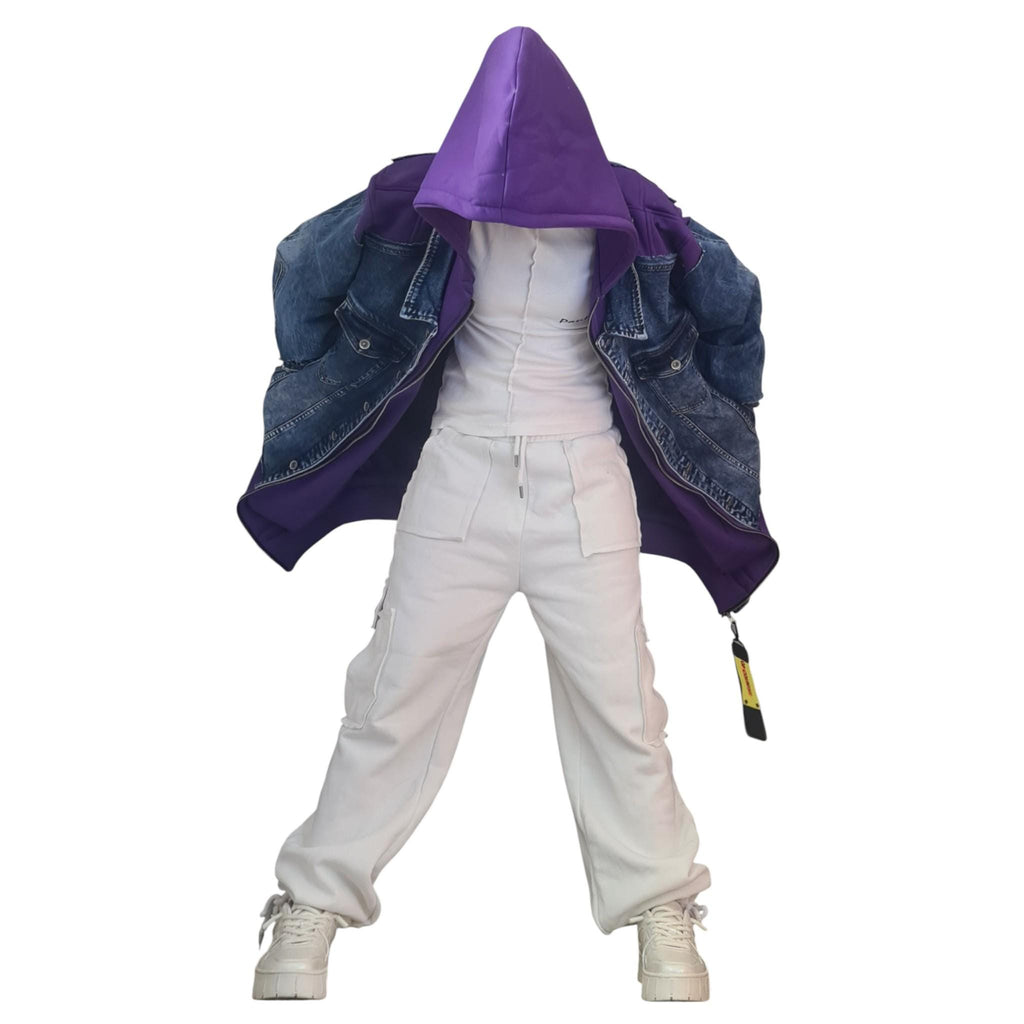 Purple Avant Garde Denim Hoodie, Oversized Cotton Sweatshirt, Designer Streetwear for Women
