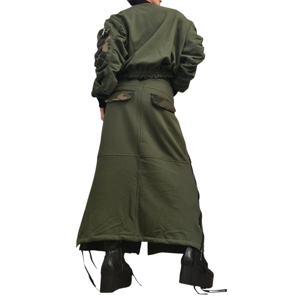 Olive Camo Cropped Bomber Jacket, Oversized Sleeves, Multiple Zip Pockets, Military Style, Plus Size