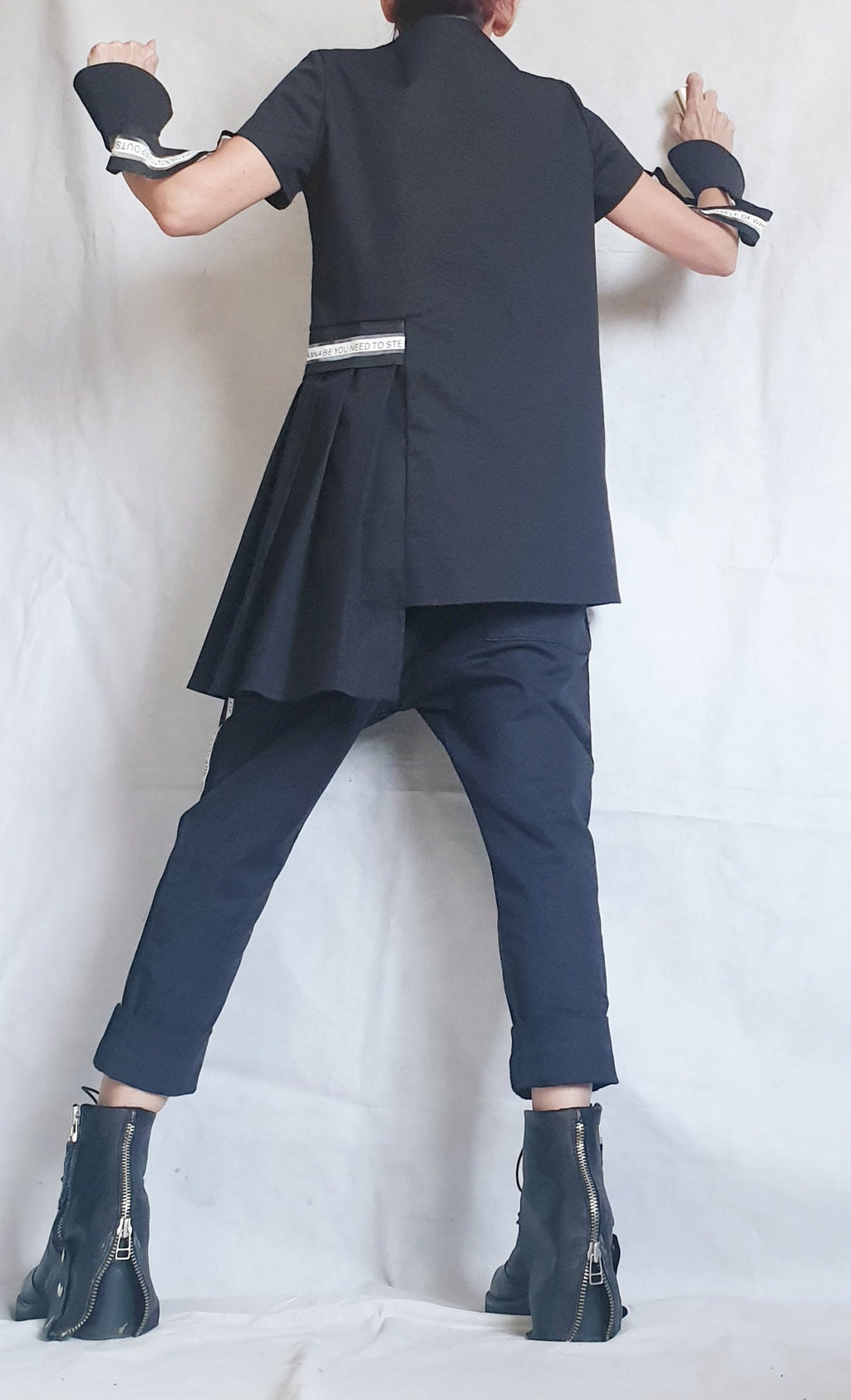 Black Drop Crotch Pants, Asymmetrical Peplum Tunic with Detachable Sleeves, Co-Ord Set