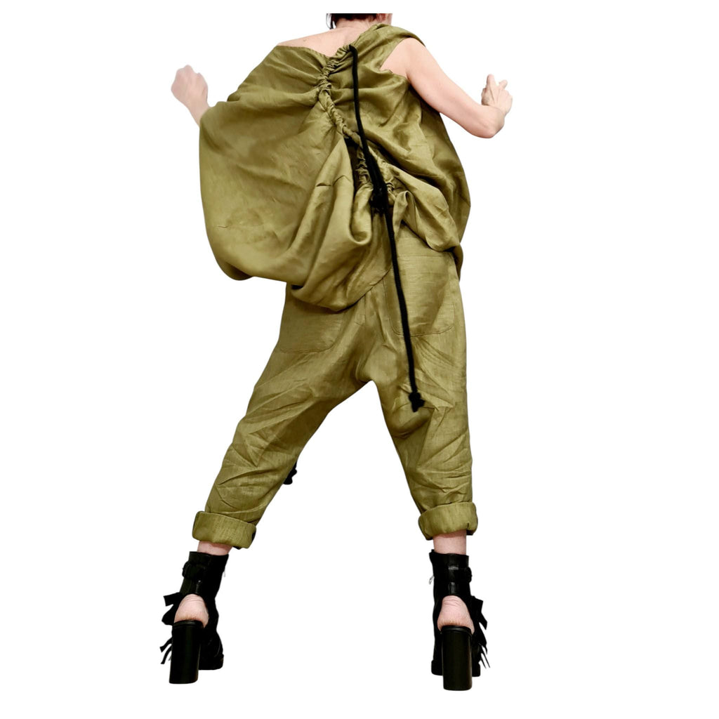 Military Green Linen Set – Avant Garde Drop Crotch Pants and Tunic