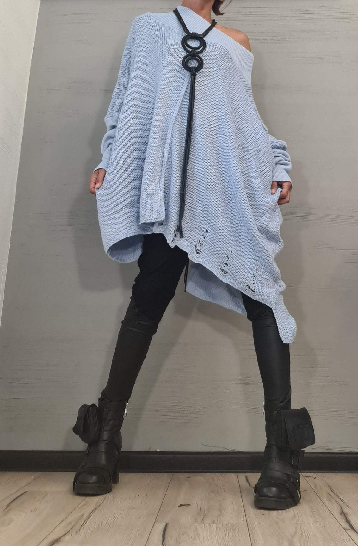Baby Blue Asymmetrical Knitted Tunic, Oversized Long Sleeve Sweater, Plus Size Top