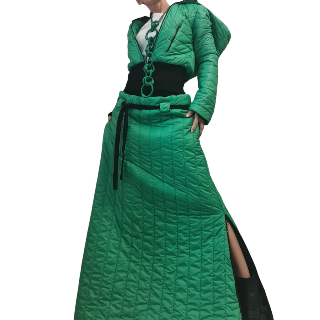 Green Quilted High-Waist Maxi Skirt, Cropped Hooded Puffer Jacket, Side Slit, Two-Piece Co-Ord Set