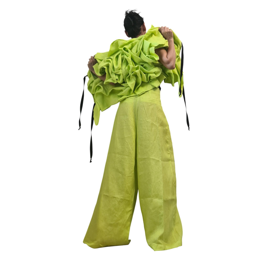 Lime Green Linen Asymmetric Short Jacket Sleeveless Gathered Womens Avant Garde Clothing