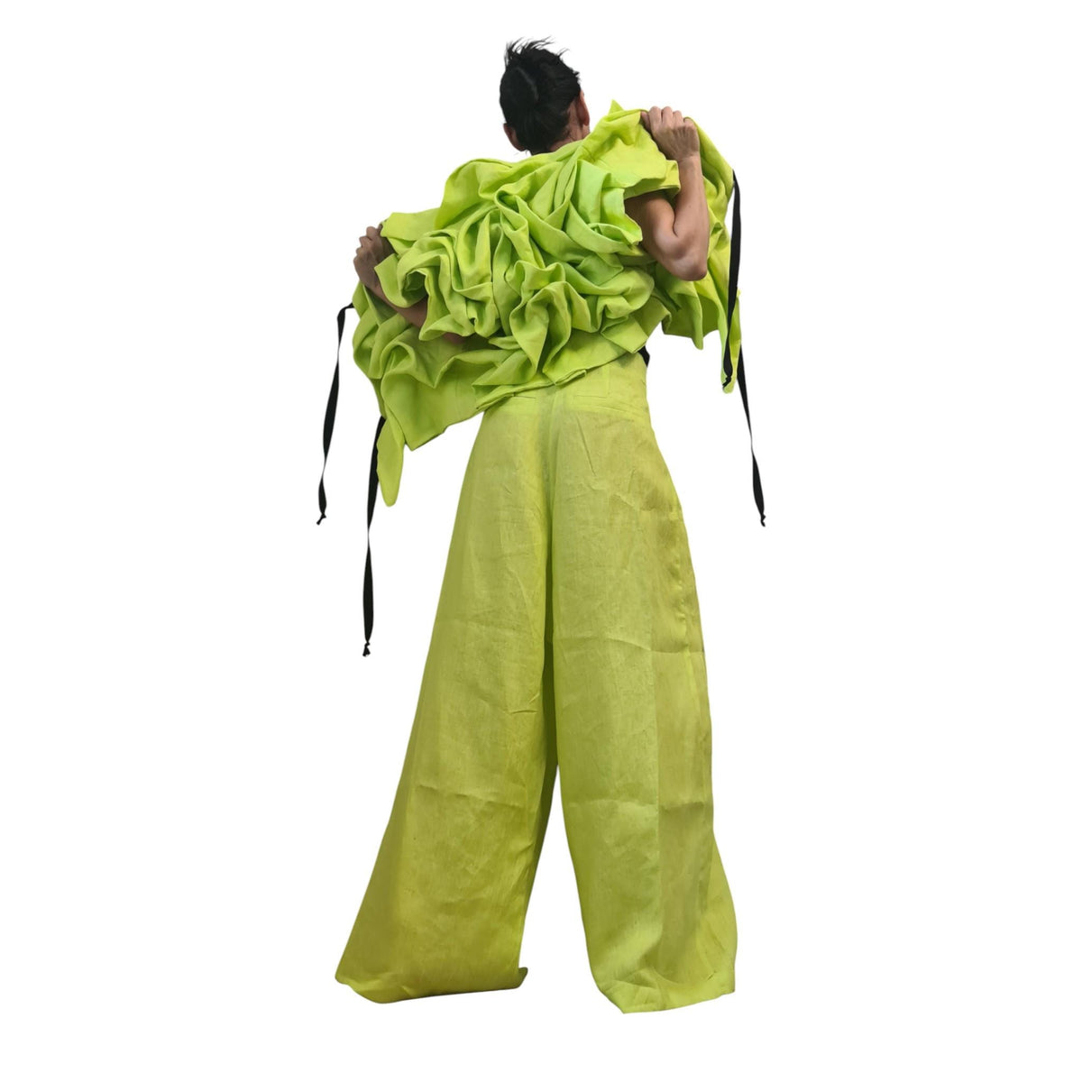 Lime Green Linen Asymmetric Short Jacket Sleeveless Gathered Womens Avant Garde Clothing