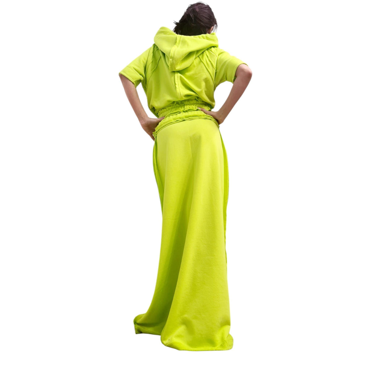 Lime Green Cotton High-Waist Maxi Skirt, Cropped Short-Sleeve Hoodie, Exposed Seams, Two-Piece Co-Ord Set