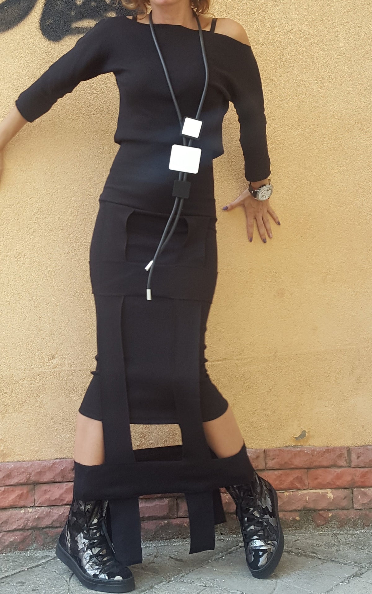 Black Cotton High-Waist Maxi Pencil Skirt, Asymmetrical Off-Shoulder Blouse, Cutout Hem, Two-Piece Co-Ord Set