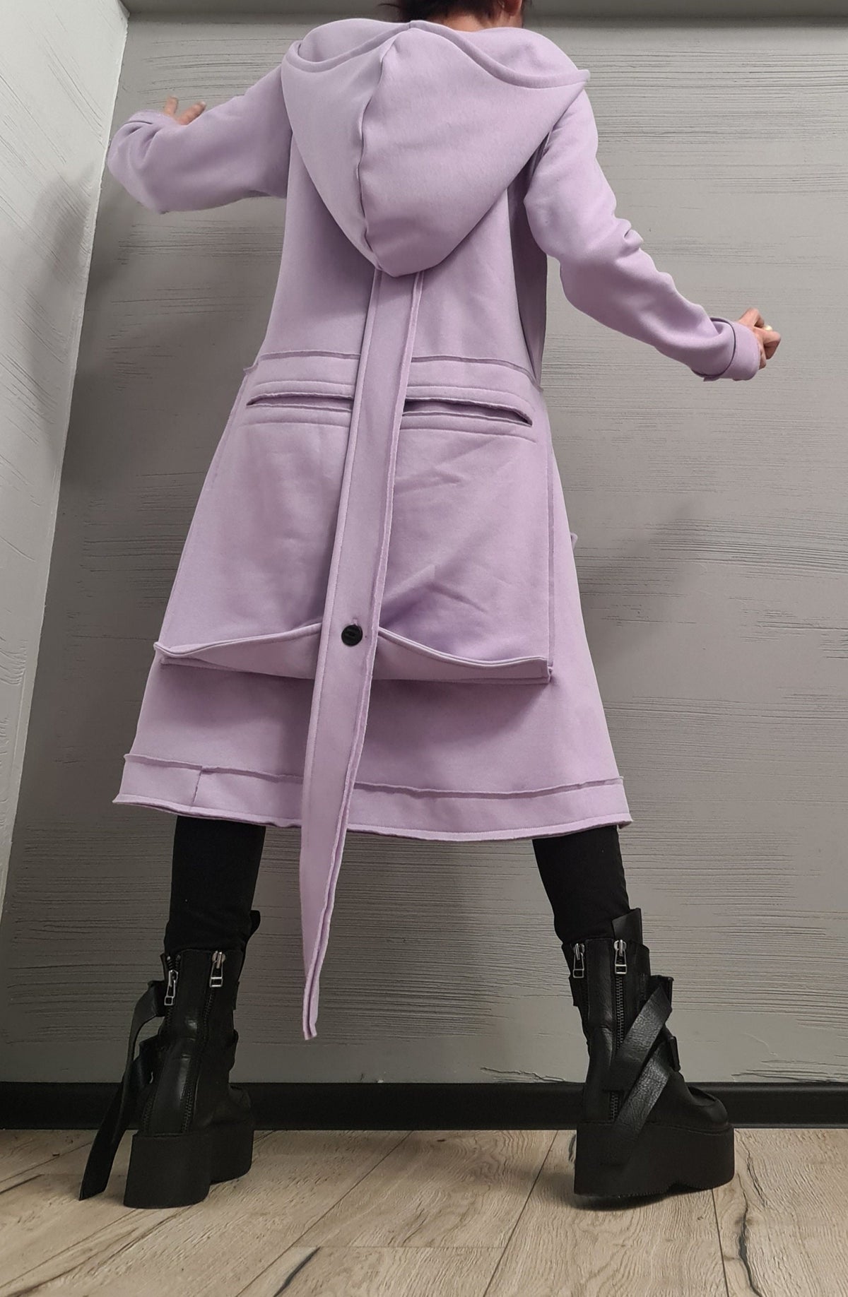 Lavender Oversized Hooded Cotton Coat, Plus Size Long Sweatshirt Jacket, Large Cargo Pockets