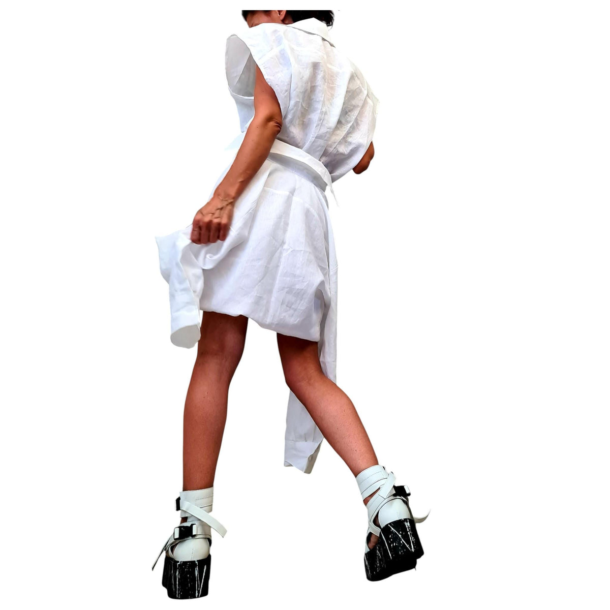 White Linen Deconstructed Shirt Dress, Convertible Tunic, Asymmetric Top for Women