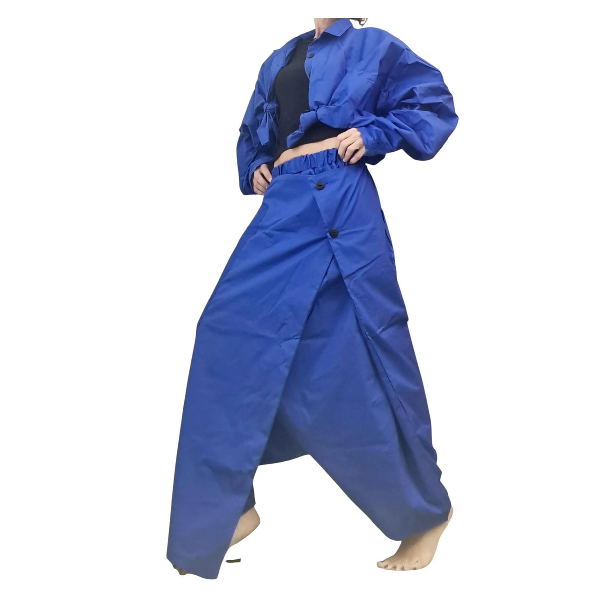 Royal Blue Cotton Harem Skirt Pants, Deep Drop Crotch, Oversized Shirt Co-Ord Set