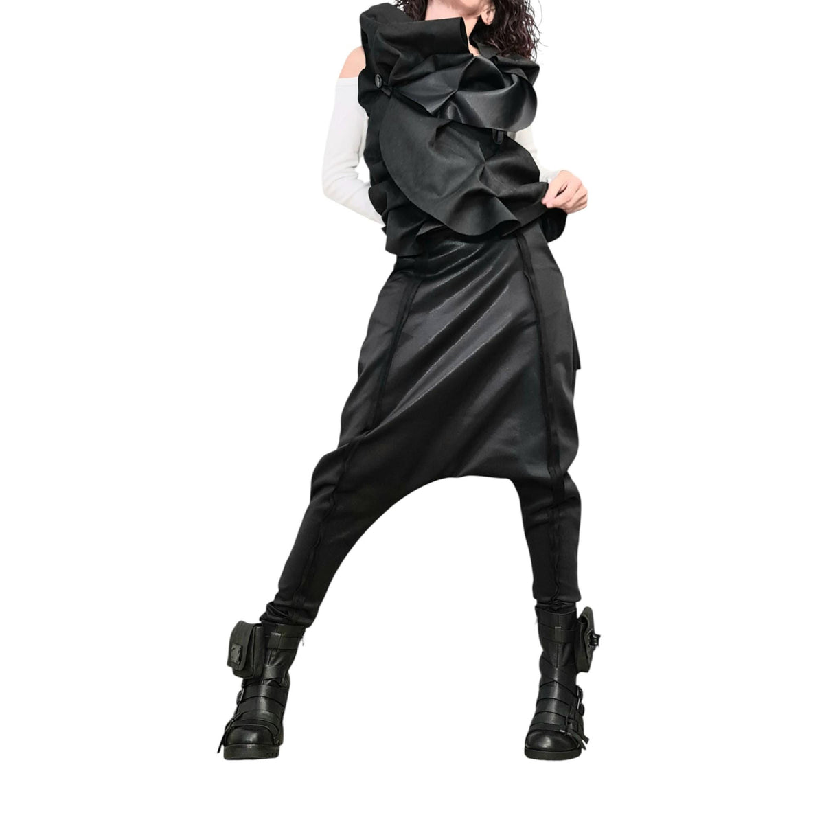 Black Neoprene Harem Pants, Tapered Legs, Ruched Asymmetrical Vest, Two Piece Co-Ord Set