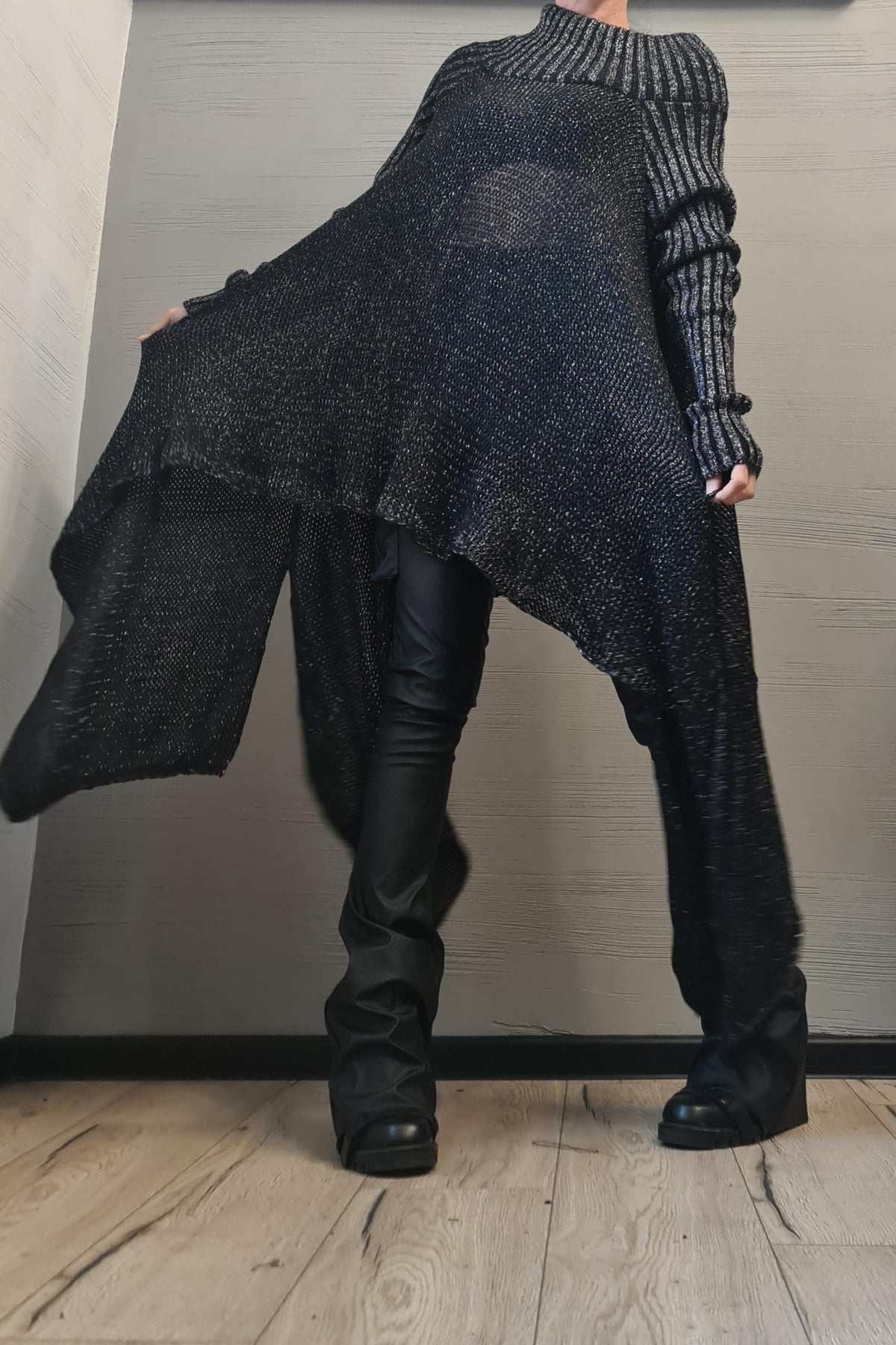 Black Glossy Knitted Top, Open Shoulder Blouse, Oversized Long Sleeve Sweater