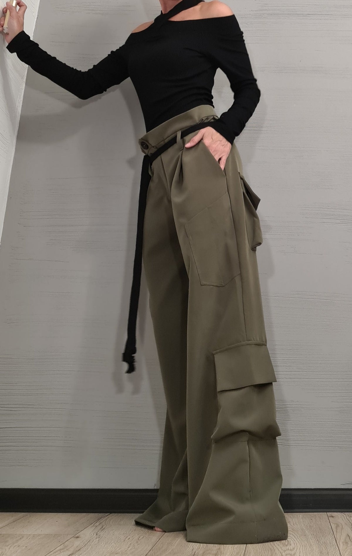 Military Green Cargo Pants, Wide Leg Trousers, High Waist