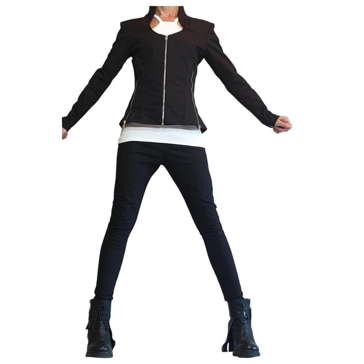 Black Fitted Zip Blazer, Structured Shoulders, Shaped Waist, Back Zip Panels, Plus Size