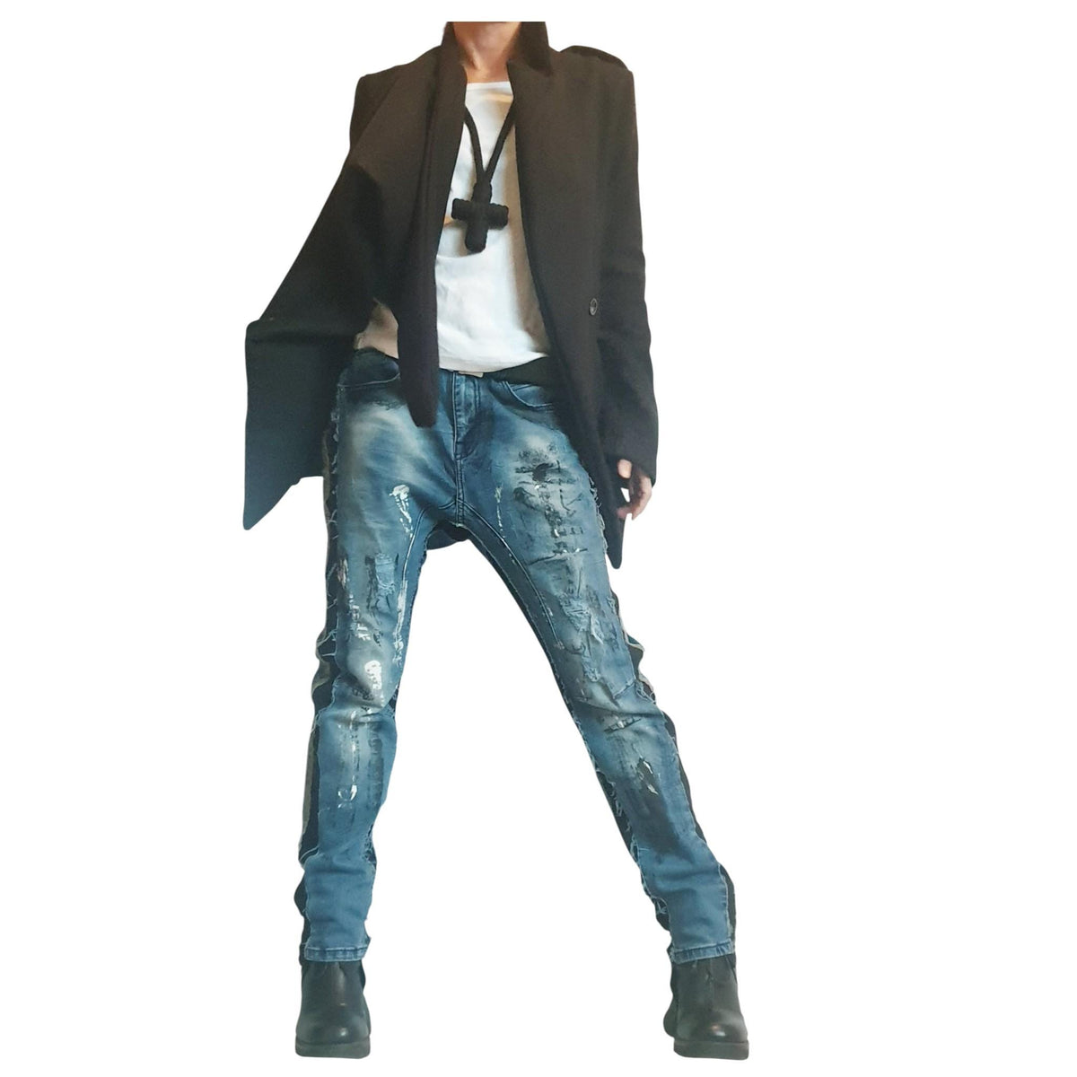 Black Asymmetrical Blazer, Tailored Jacket with Wide Shawl Collar, Button Closure