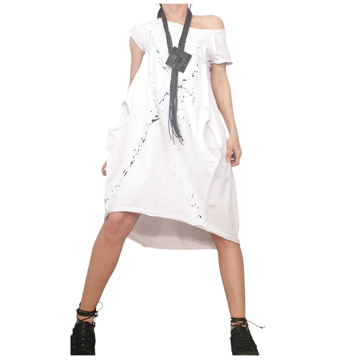 White Cotton Short Sleeve Dress, One Shoulder, Asymmetric Oversized Tunic