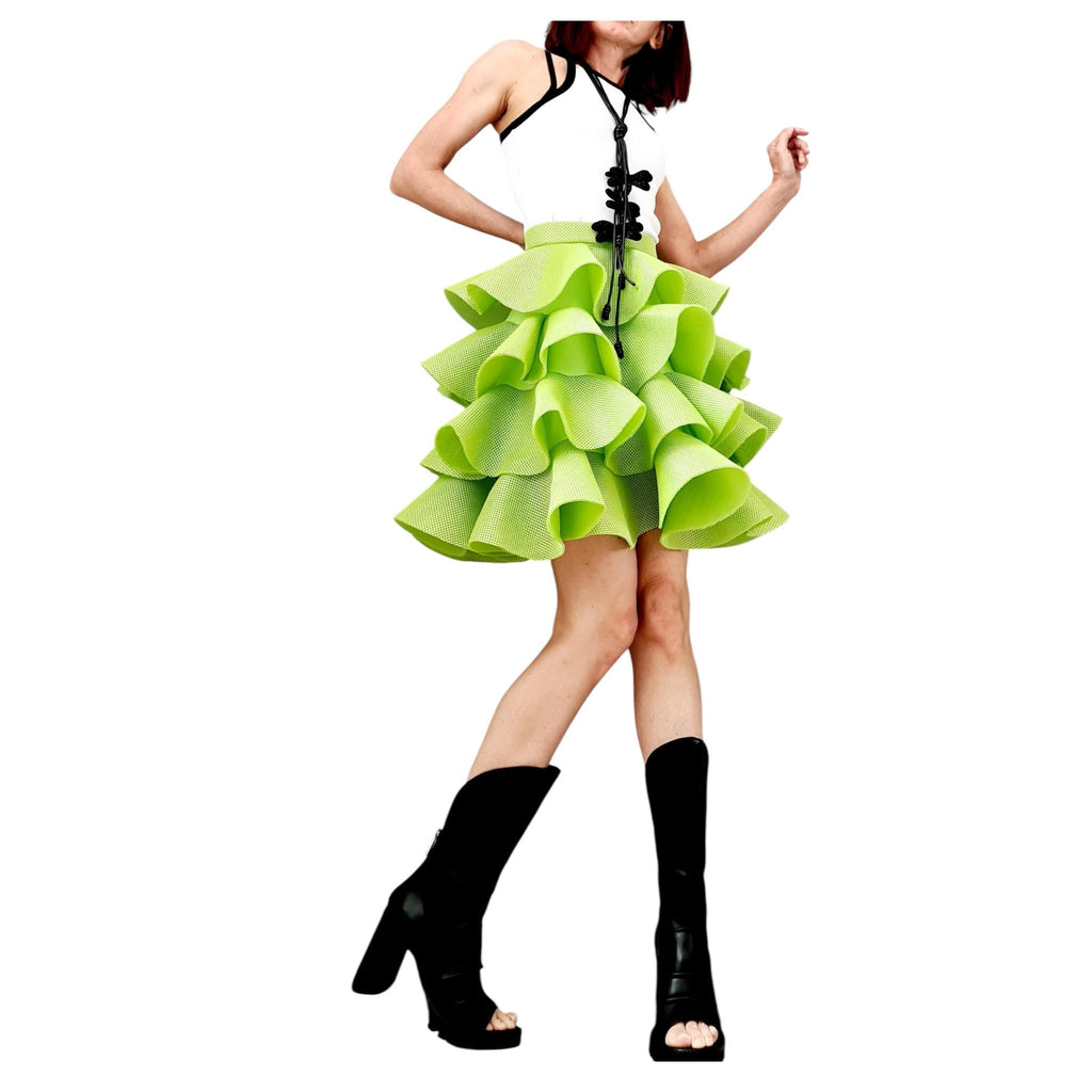 Handmade Green Neoprene Skirt – Asymmetrical Circle Tutu Skirt – Avant-Garde Cocktail Ball Skirt – Plus Size Available