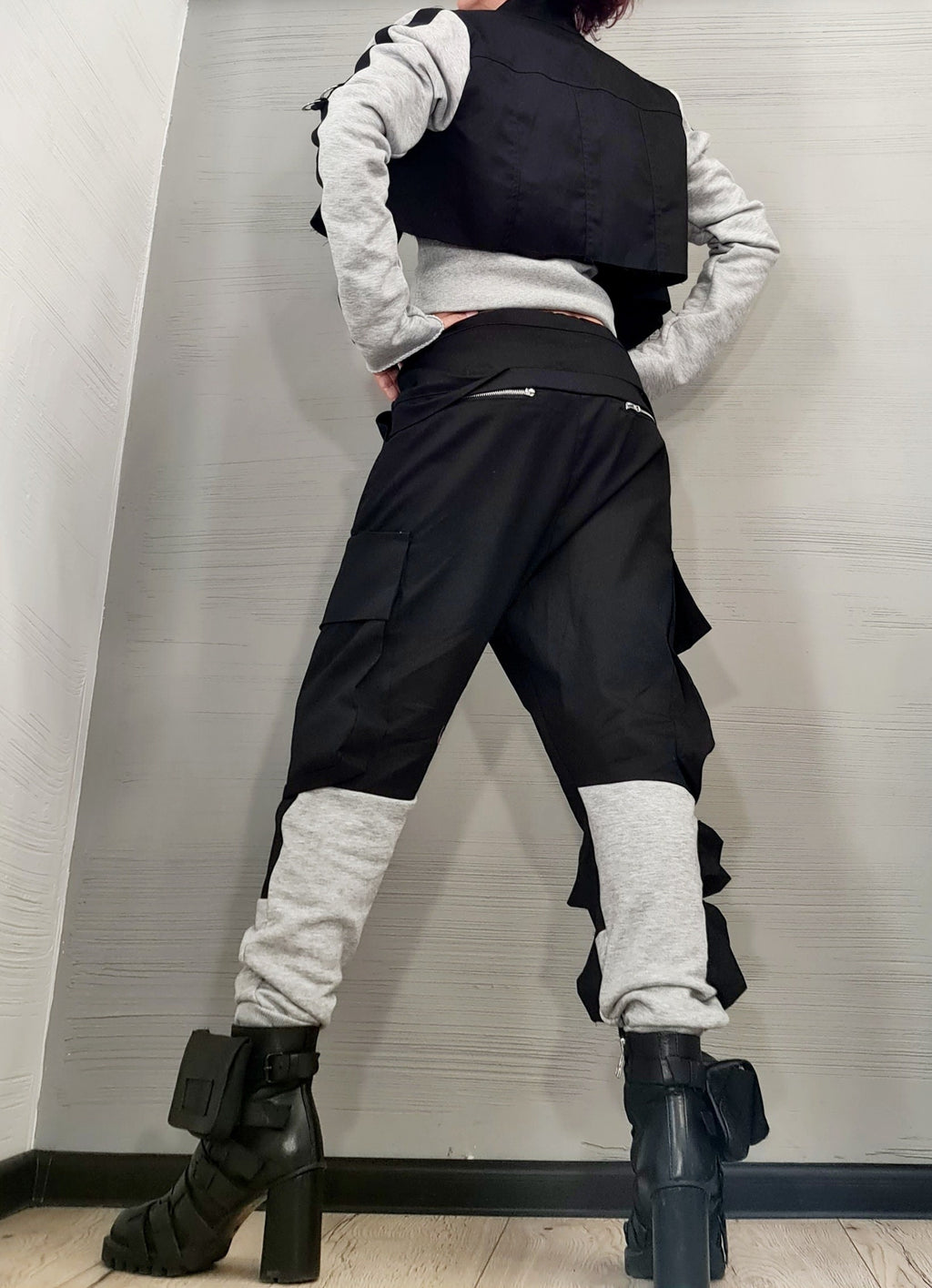 Black Cotton Harem Pants, Asymmetrical Jacket with Grey French Terry Sleeves, Two-Piece Co-Ord Set