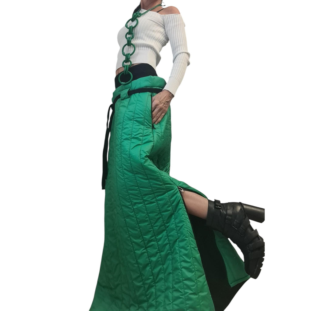 Green Quilted Maxi Skirt | Winter Puffer Design with Side Zippers | Avant-Garde Insulated Piece